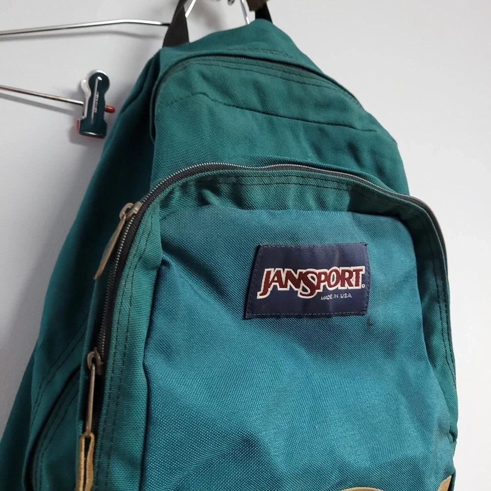 Vintage Jansport Rucksack Green Outdoor Backpack USA Made Leather Accents